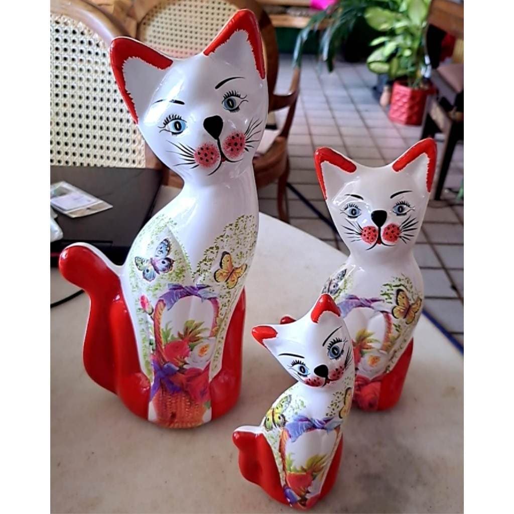 Enfeite Família de Gatos Cerâmica Decoração Casa Mesa Sala Cozinha