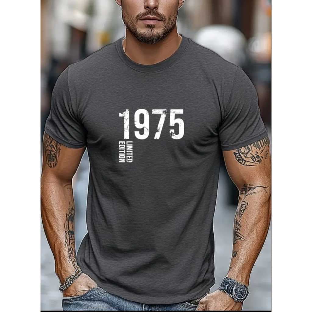 Camiseta Masculina 1975 De Manga Curta, Decote Redondo, Estampa De Letra, Casual, Verão Lançamento