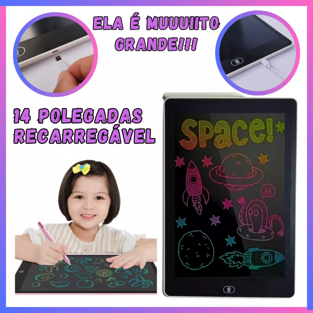 Lousa Mágica Super Grande Recarregável Usb Tablet Infantil brinquedo 14 Polegadas Escreve Colorido