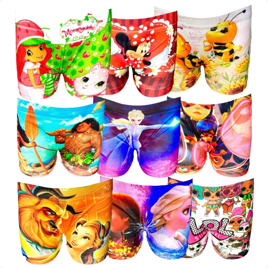 Kit Cueca Box Feminina Calcinha Shortinho Sublimada Juvenil Personagem Menina Princesas