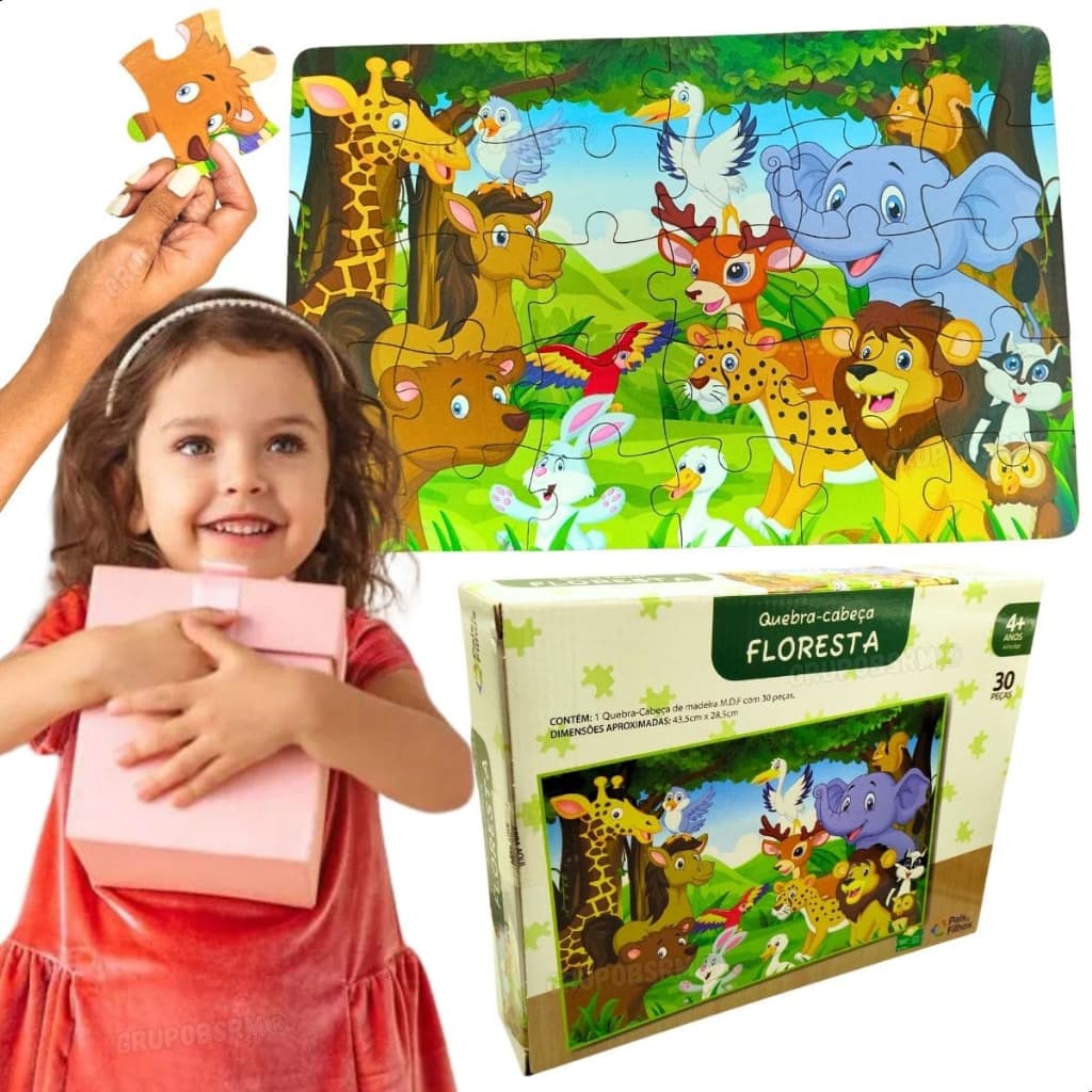 Quebra Cabeça Infantil MDF 30 Peças Grandes Dinossauro Floresta Presente pra Criança Brinquedos Educativos Pedagógicos