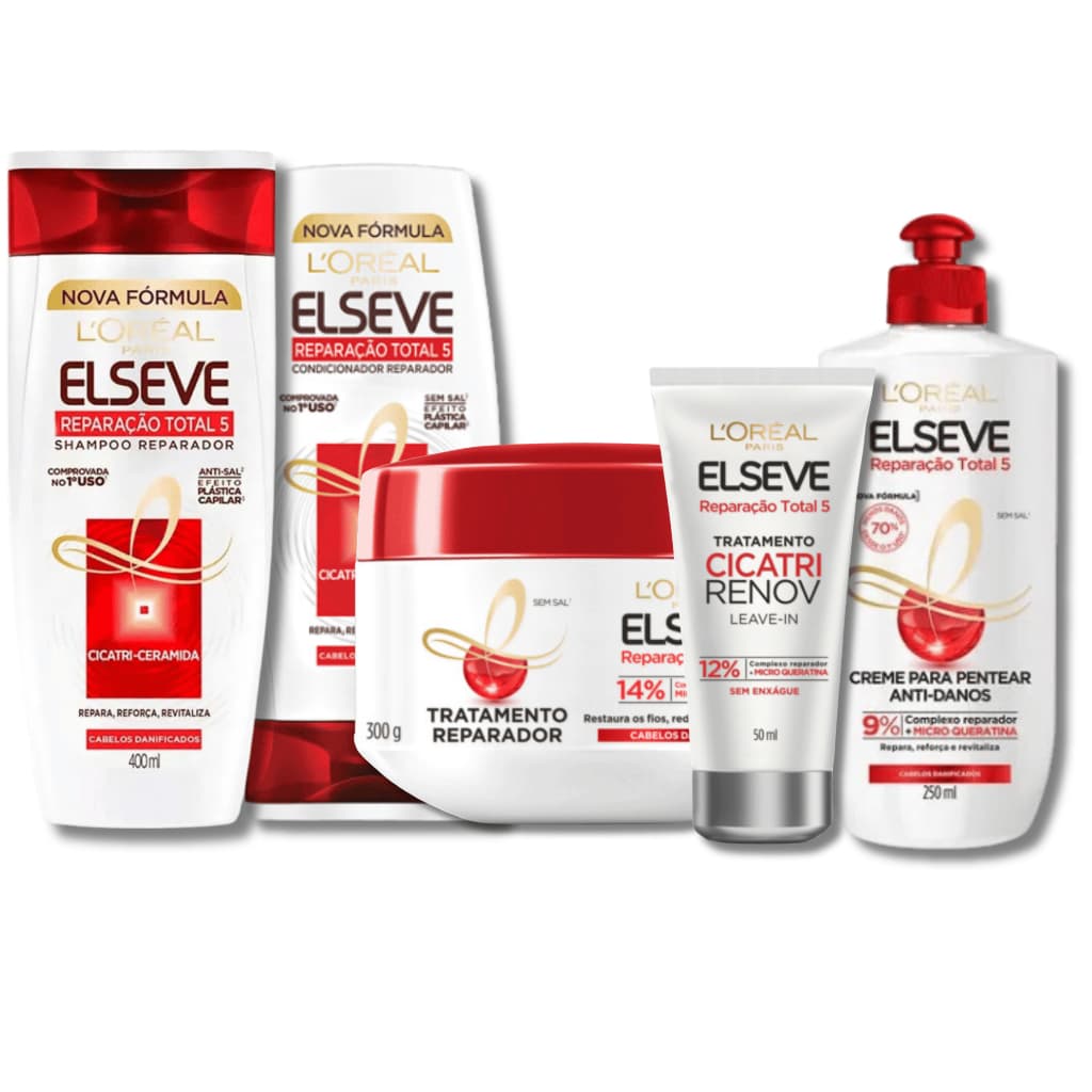 Kit Reparação Total 5 Shampoo/Condicionador 400ML Creme Pentear e Tratamento Cicatri 50ml Elseve