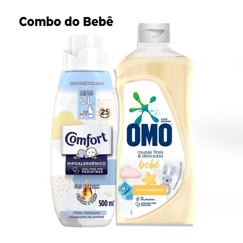 Kit OMO Sabão líquido Roupas 900, Lava roupas finas delicadas Bebê+Comfort amaciante Puro cuidado  bebê 500ml.