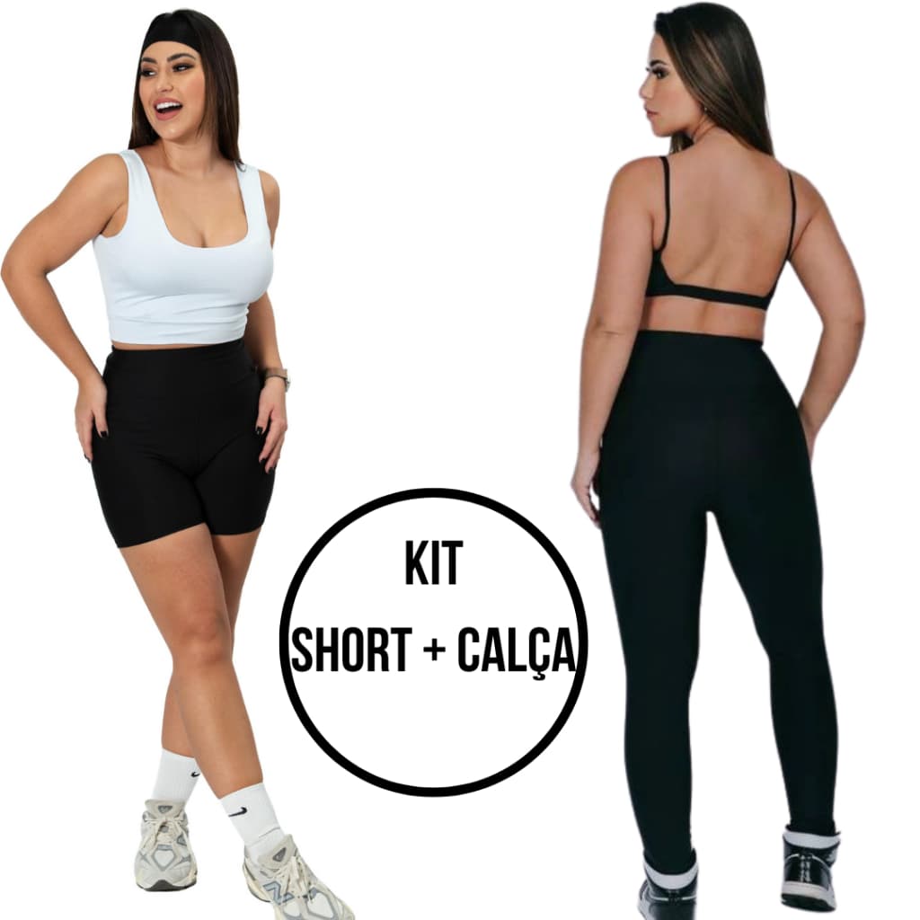 Kit Fitness Feminino 2 Peças – Short + Calça Suplex Cintura Alta Dry Fit