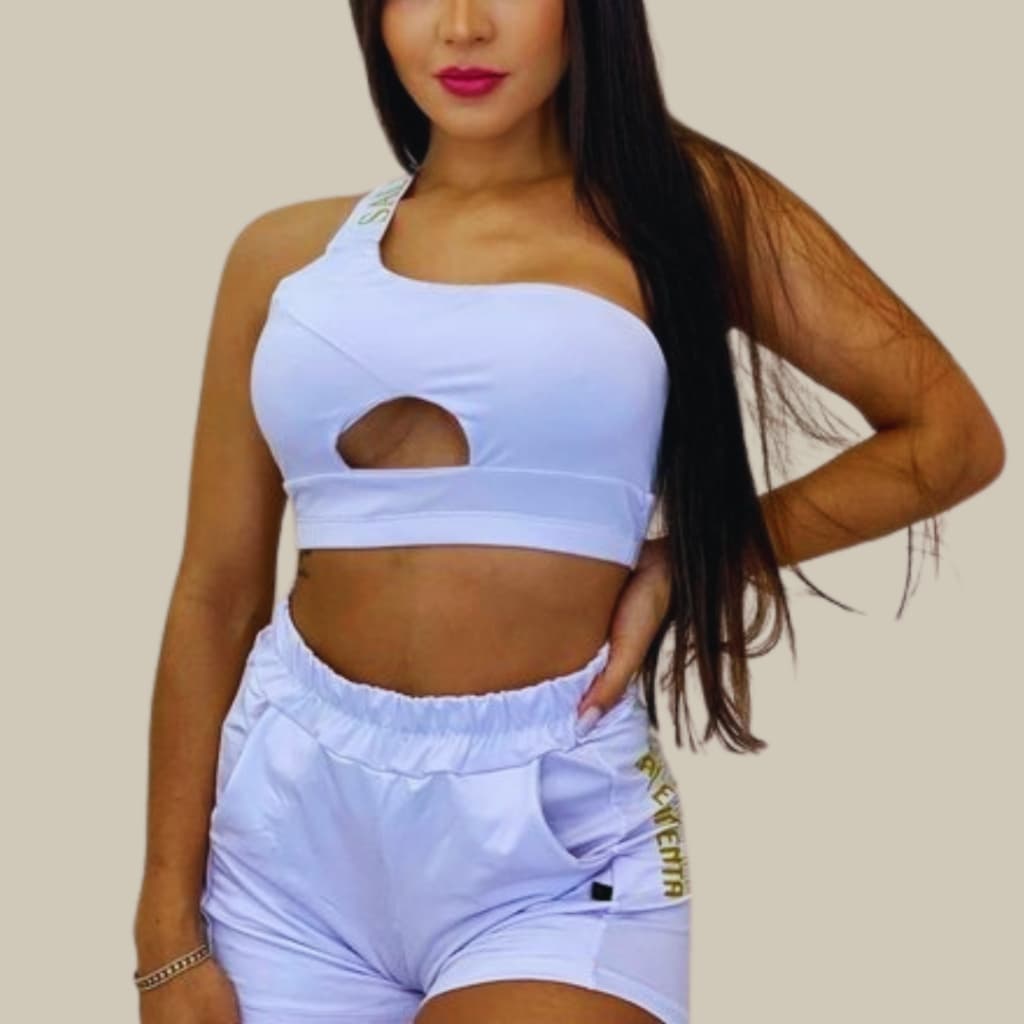 Conjunto Short e  Cropped Top De Um Ombro Só Sal e Pimenta