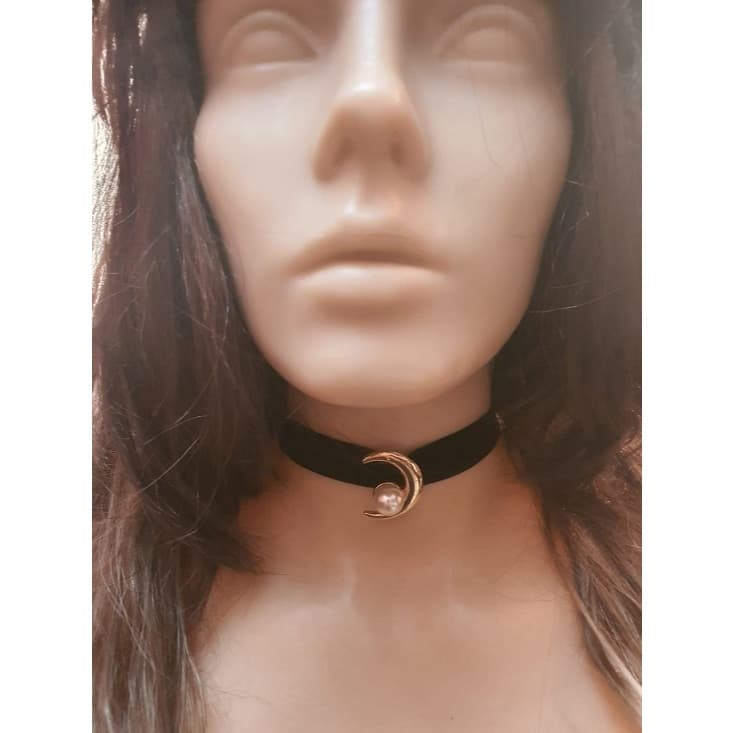 Colar choker de veludo gótico vintage lua preto ajustável