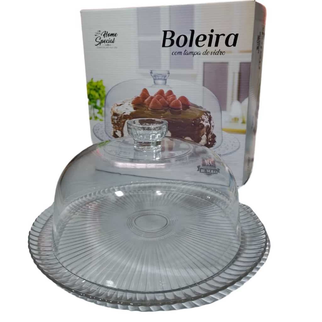Porta Bolo Boleira Com Tampa e Pegador Totalmente Em Vidro Home Special Sem Pe Baixa Rasa Prato 32cm Cupula 26x17cm