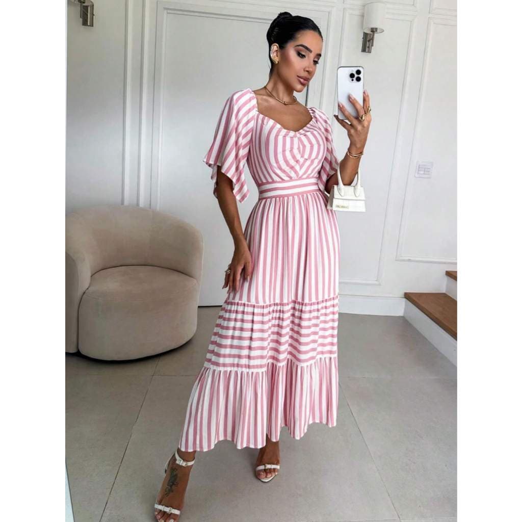 Vestido Mídi Manga tres marias Curta forrado moda evangélica Listrado Tricoline Moda evangelica Plus Size