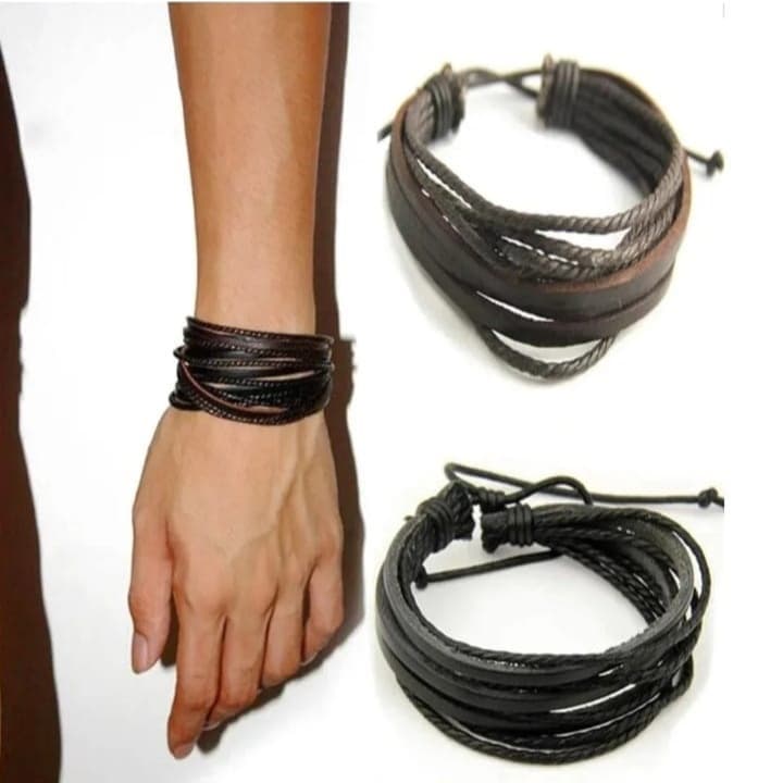 Pulseira masculina couro legítimo varias voltas artesanal preto  hippie