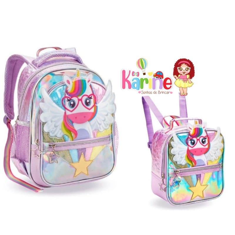 KIT MOCHILA ESCOLAR INFANTIL UNICÓRNIO DE COSTAS + LANCHEIRA TÉRMICA/ MOCHILA DE COSTAS UNICÓRNIO/ MOCHILA PARA MENINA