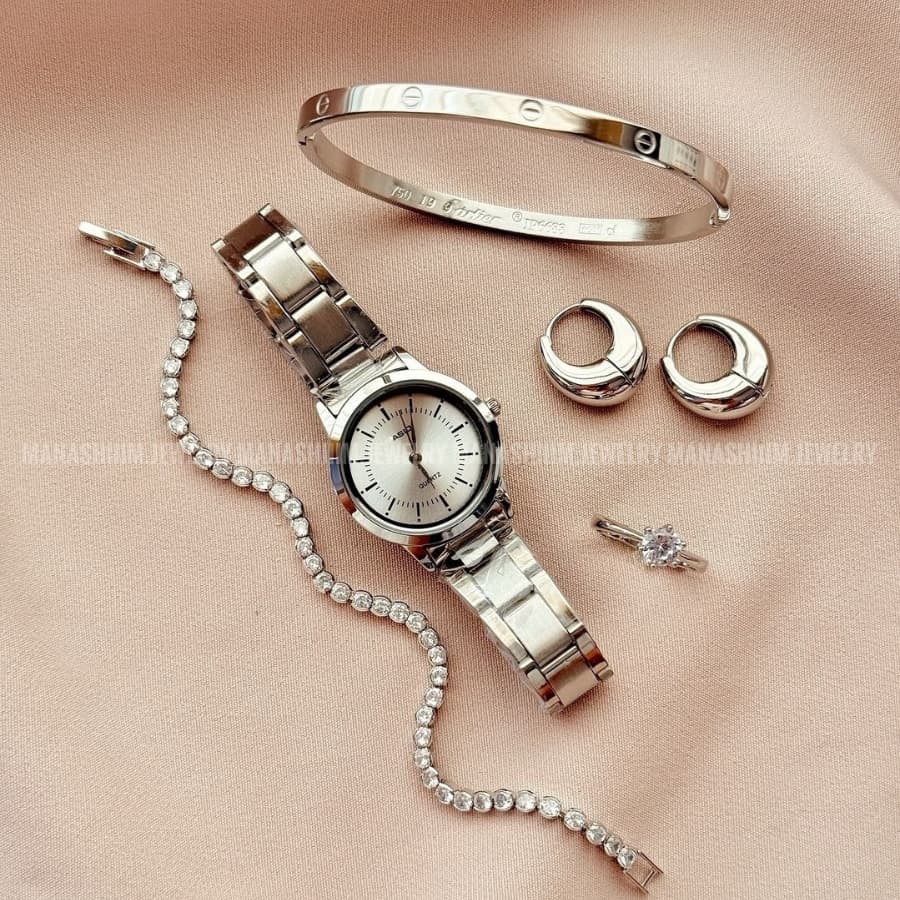 Kit Conjunto Relógio Feminino Prata com Bracelete Pulseiras Brinco e Anel Acessórios Femininos Anéis