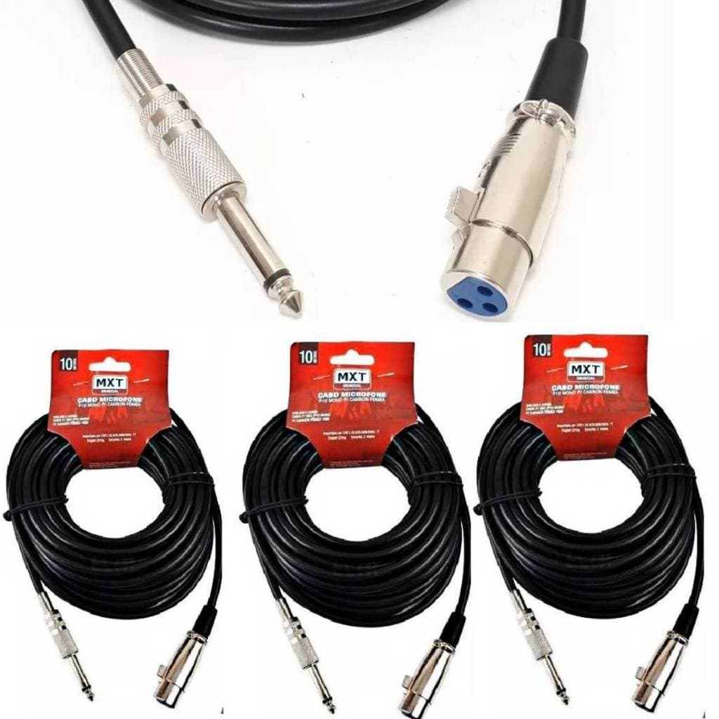 Kit 3 Cabos Xrl / P10 Mono 10 Metros Para Violão E Microfone nota fiscal