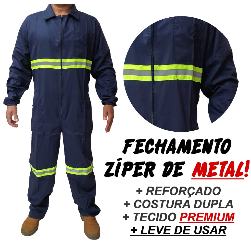 Macacão Mecânico Profissional Operacional Fardamento Resistente Reforçado Brim Costura Dupla Zíper .