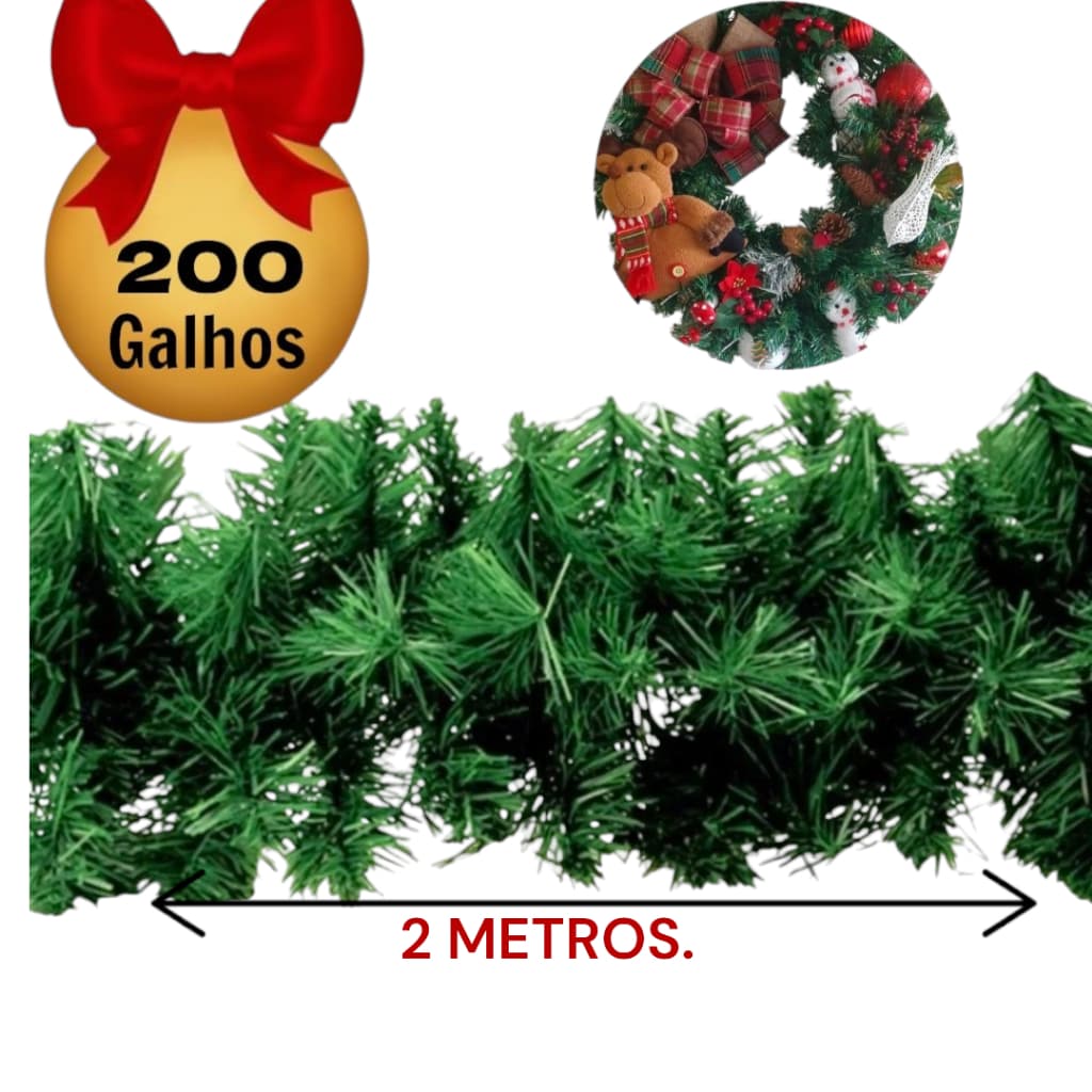 Festão Verde Aramado 2 Metros com 200 Galhos Cheios Decoração Natal guirlanda