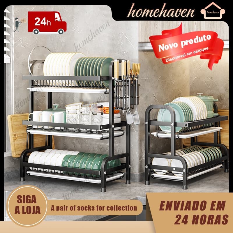 Escorredor Organizador de Louças 2 andar 3 andar Preto Aço Inoxidável Rack ES