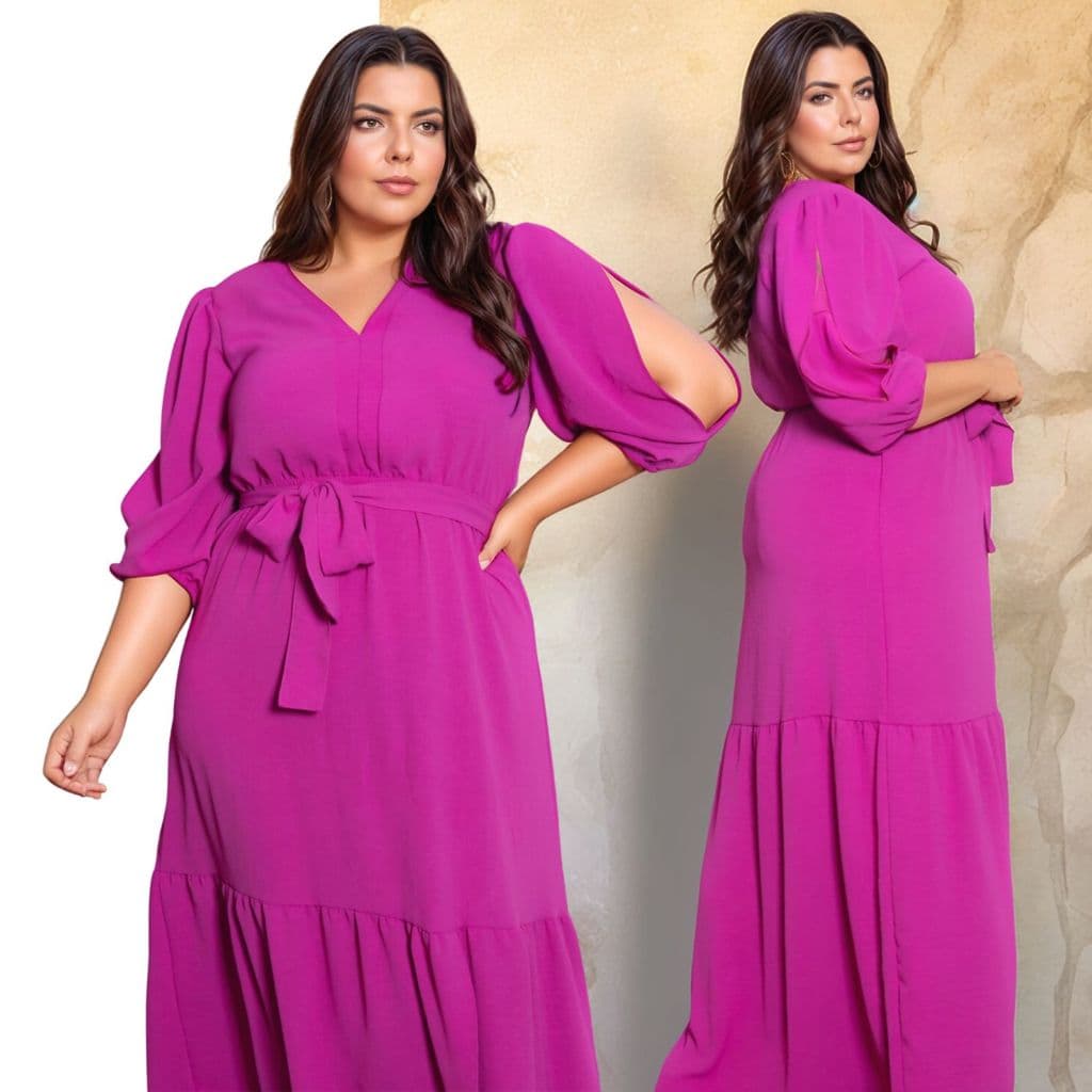 Vestido Longo Plus Size Festa Evangélico Social Madrinha Manga 3/4 Com Fenda Babado E Fenda na Perna