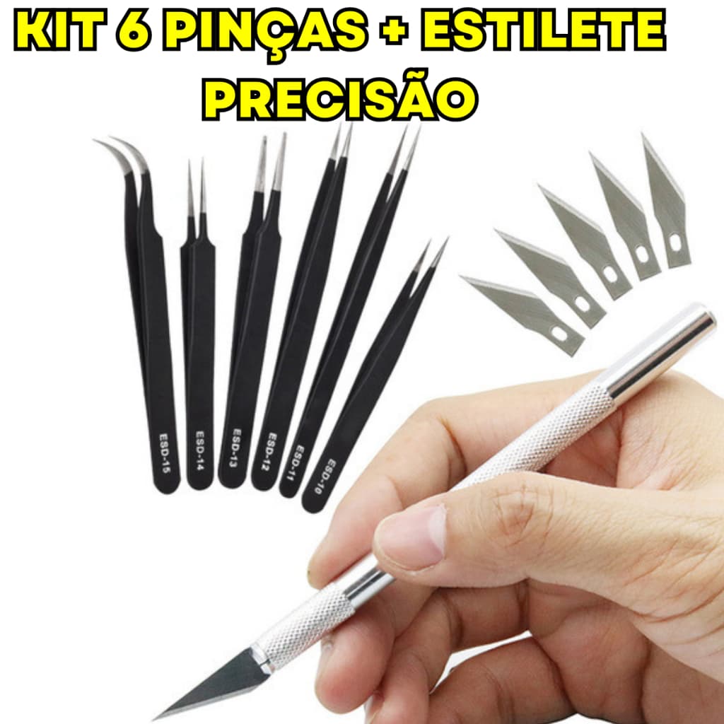 Estilete de Precisão Kit Com 6 Pinças Anti Estática Ferramenta Precisão Profissional Aço Inoxidável