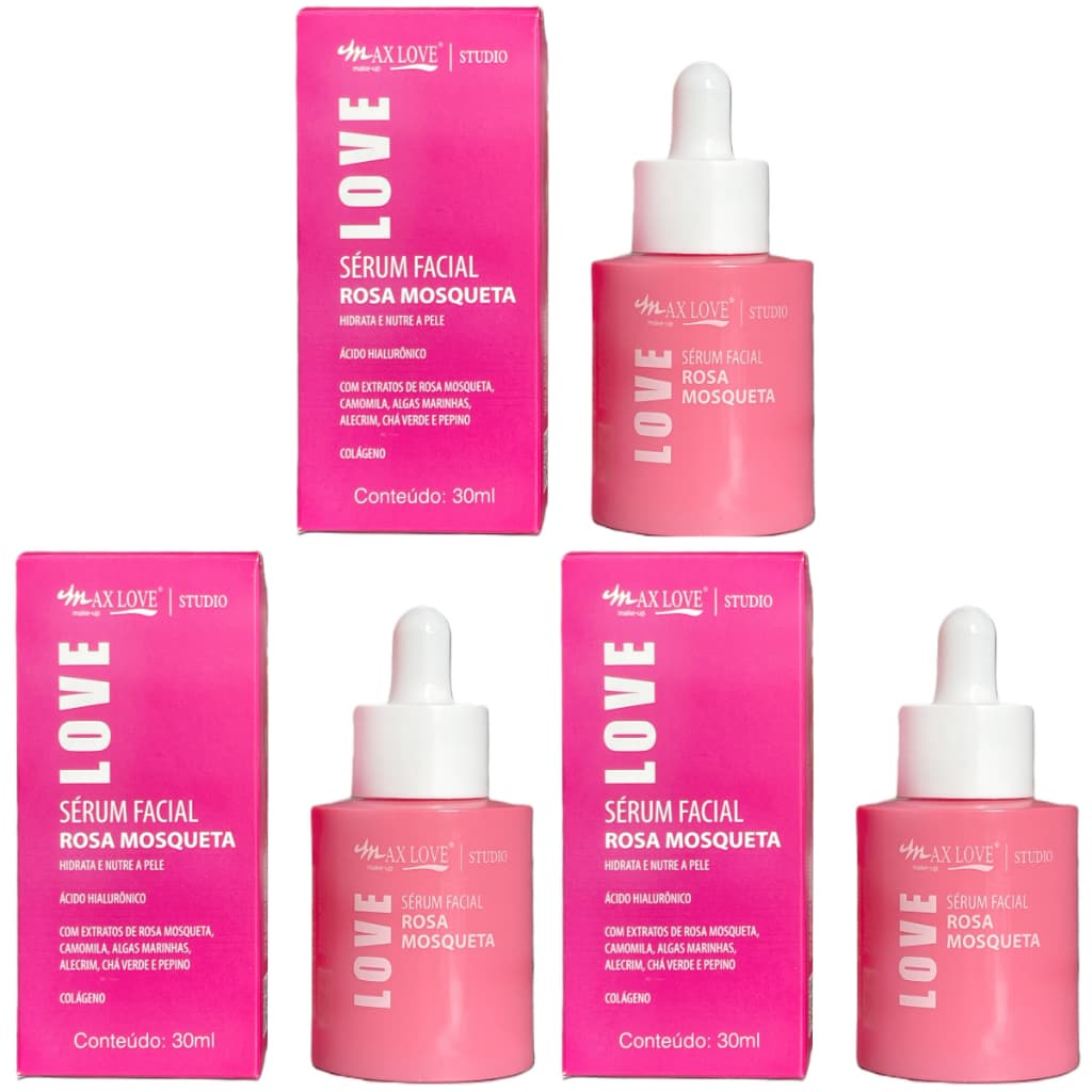 Serum Facial Rosa Mosqueta Kit Com 3 Unidades - cuidados faciais Skin Care Hidratação Max Love