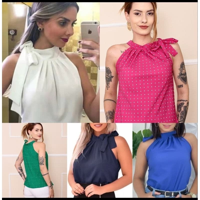 Blusa Regata Feminina Gola Alta Laço Pescoço Crepe coleção  Social Bolinha Ra11