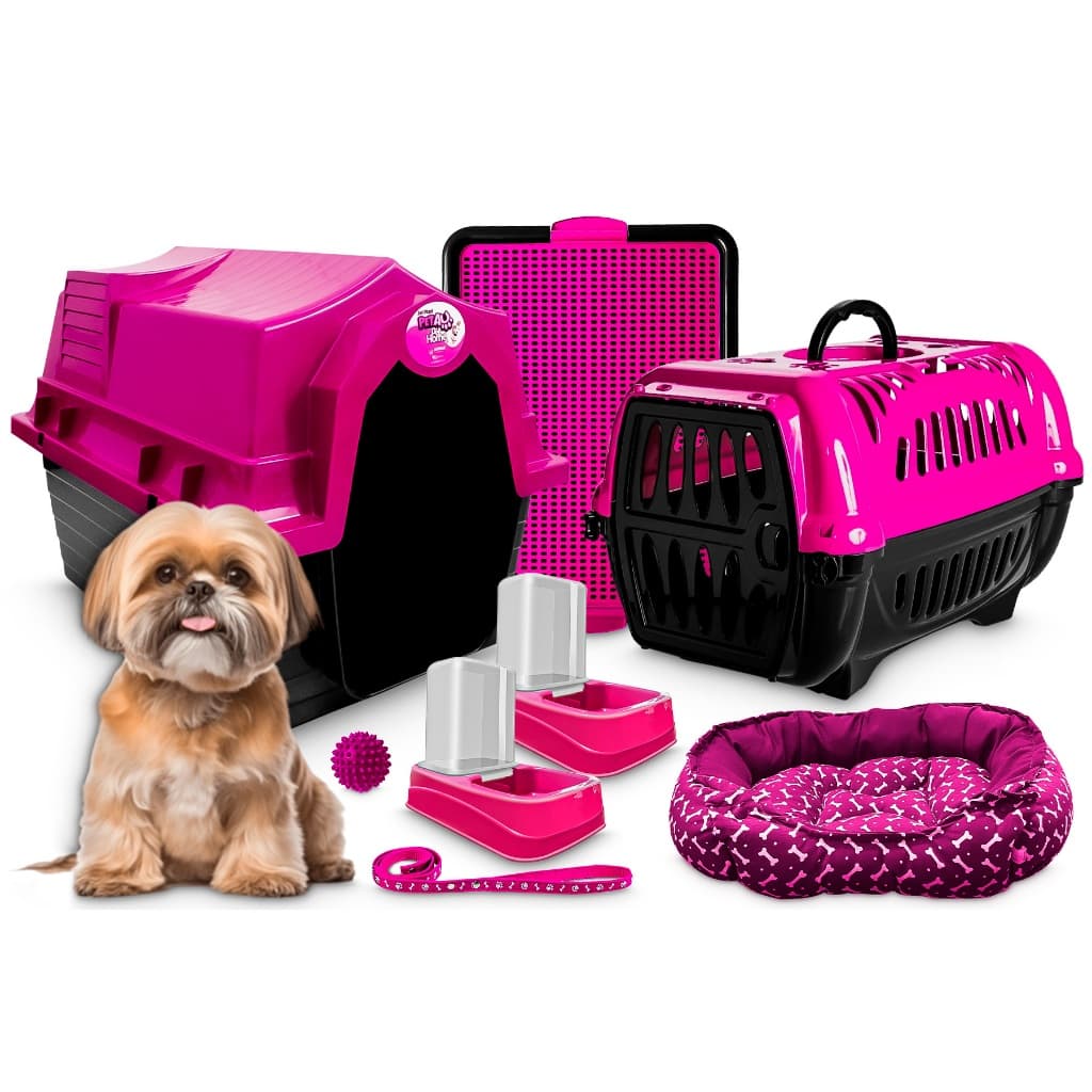 Kit Cachorro Casinha Caminha Caixa De Transporte Com Bebedouro Comedouro + Coleira