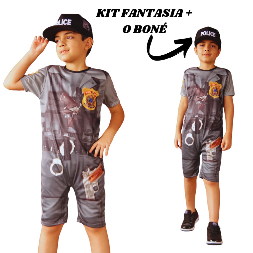 Fantasia Temática Policial Infantil Menino kit Com Boné