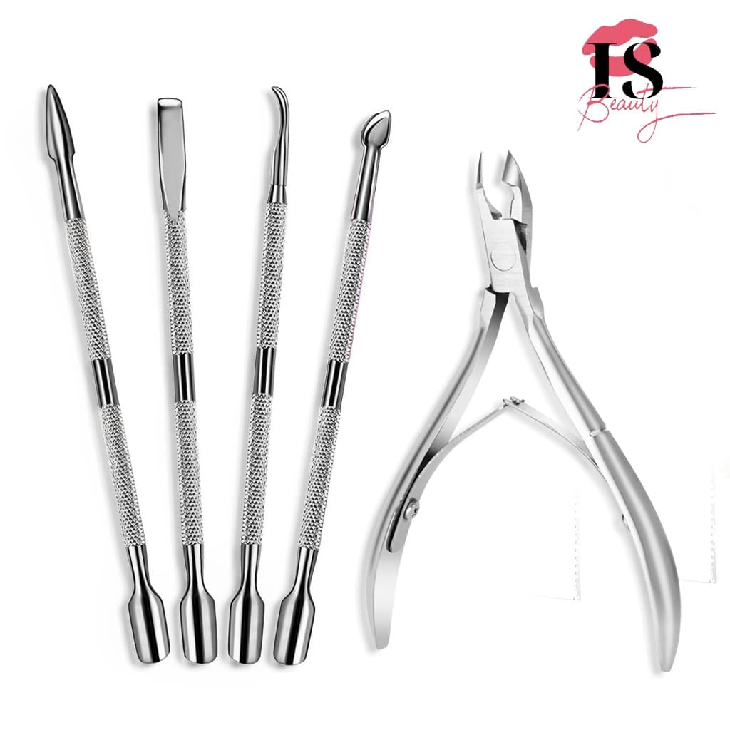 Kit 5 Peças Espatula Para Unhas + Alicate Inox Manicure Profissional Cutícula Pé Mão Podologia