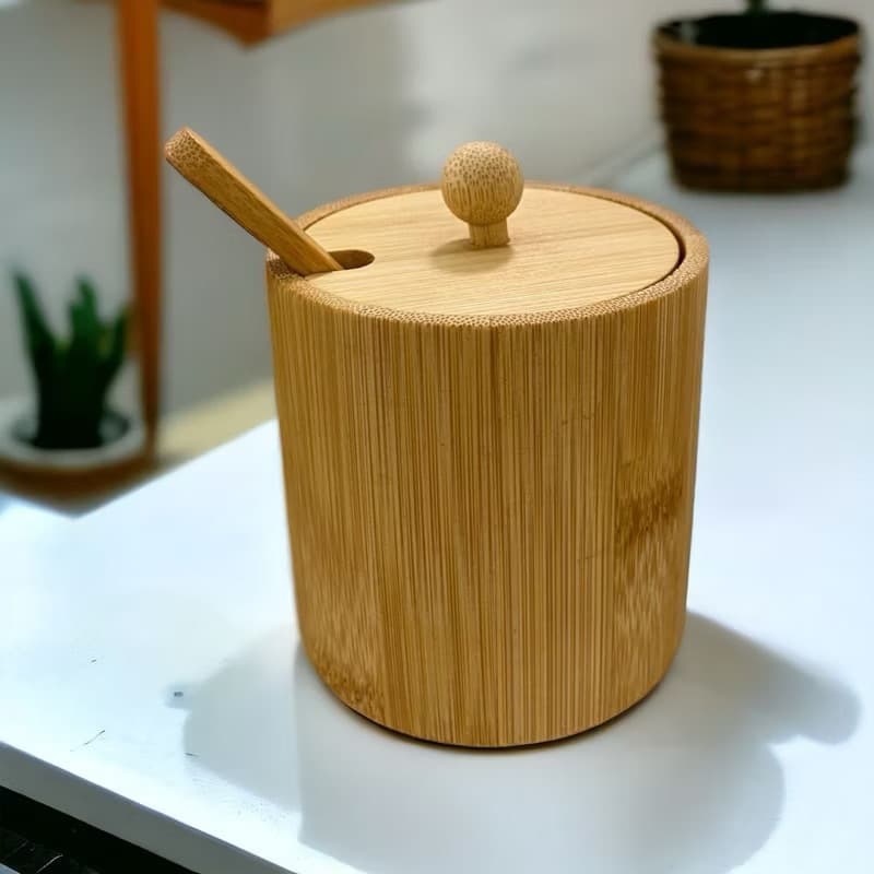 Porta Açúcar Açucareiro ou Saleiro de Bambu ou Porcelana com Colher Mesa Posta Organizador Multiuso