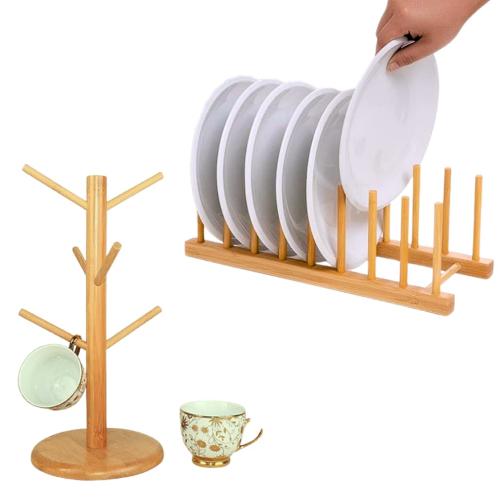 Escorredor de Pratos e Porta Xícaras Bambu Decoração Cozinha