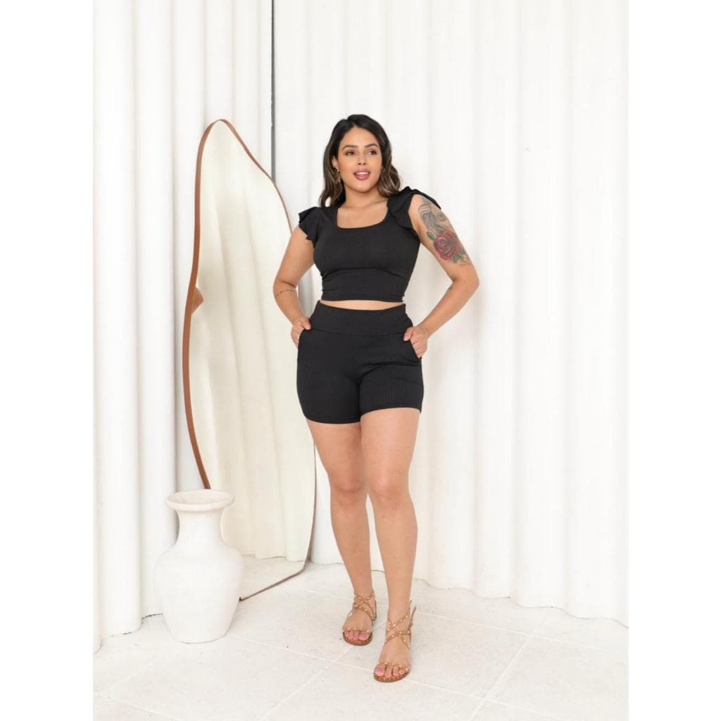 Conjunto Feminino Short Cintura Alta Blusa Cropped Manguinha Solta Tecido Canelado Verão 2025