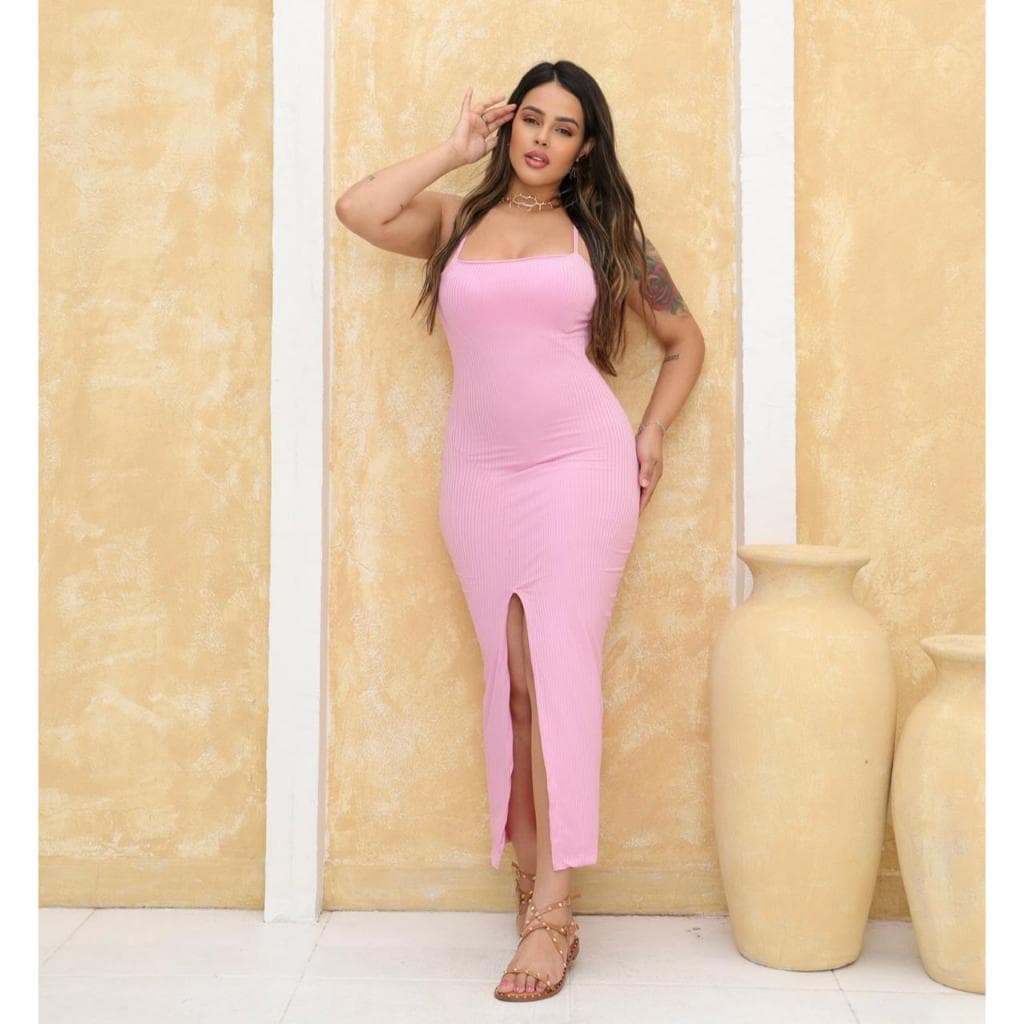 Vestido Feminino Midi Alcinha fina Fenda Na perna Modela Cintura modelo Fim de Ano Verão 2025