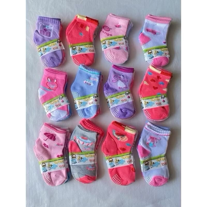 kit 12 Meias Bebê Antiderrapante Estampadinha Feminina 0 a 6, 6 a 12, 12 a 24 mês
