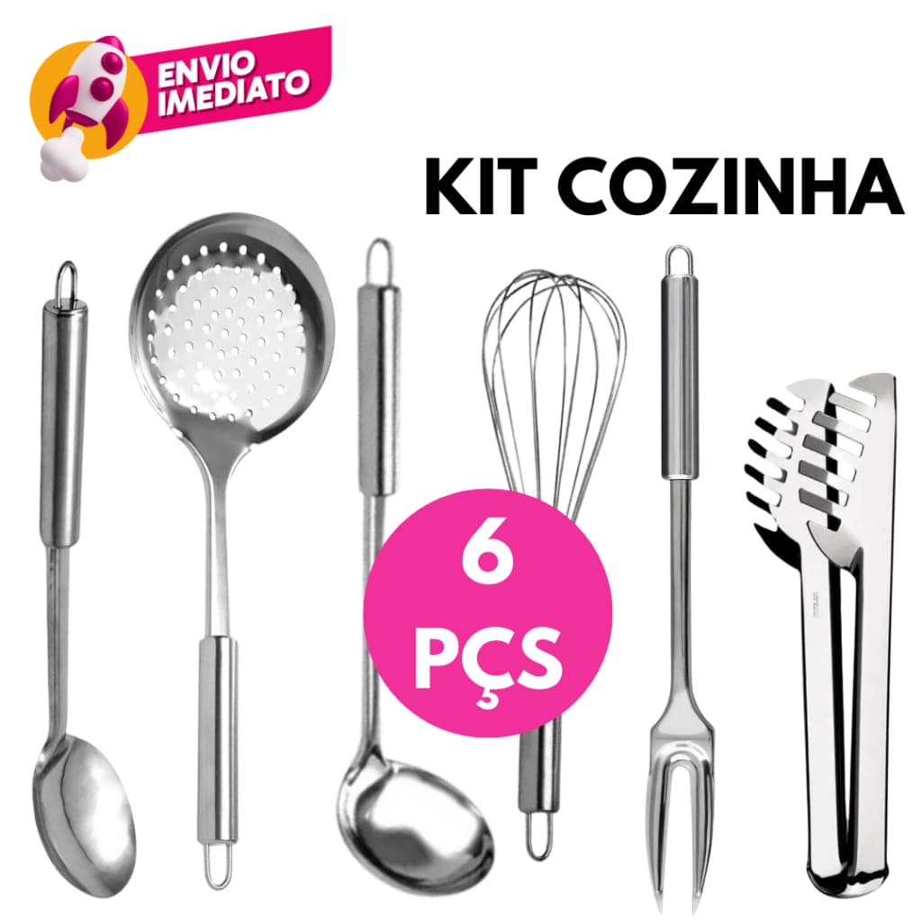 Kit 06 Pçs Utensilios Cozinha Inox Concha Colher Arroz Garfo Trinchante Escumadeira Pegador Batedor