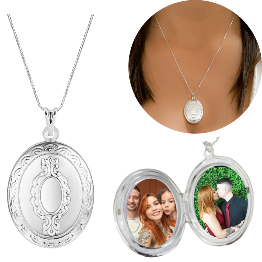 Relicário Prata Oval + 2 Fotos + corrente de 60cm + Caixa personalizada Folheado