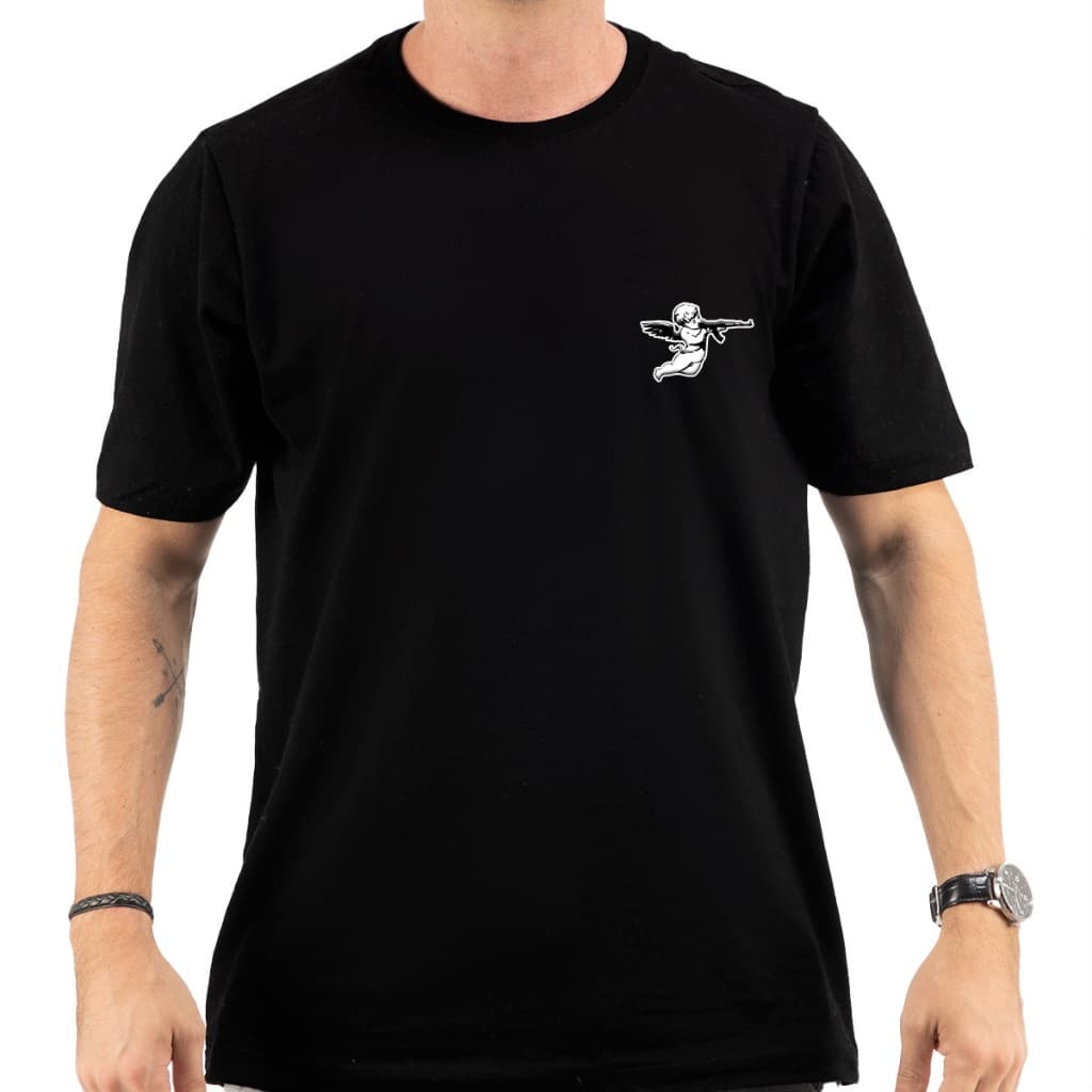 Camiseta Anjo Com AK47 Estampa Old School T-Shirt De Algodão Fio 30.1