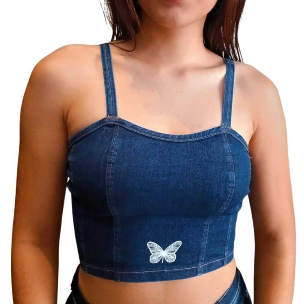 Cropped Feminino Jeans Elastano Top Alcinha estampa Borboleta sem bojo blusa blusinha moda estilosa