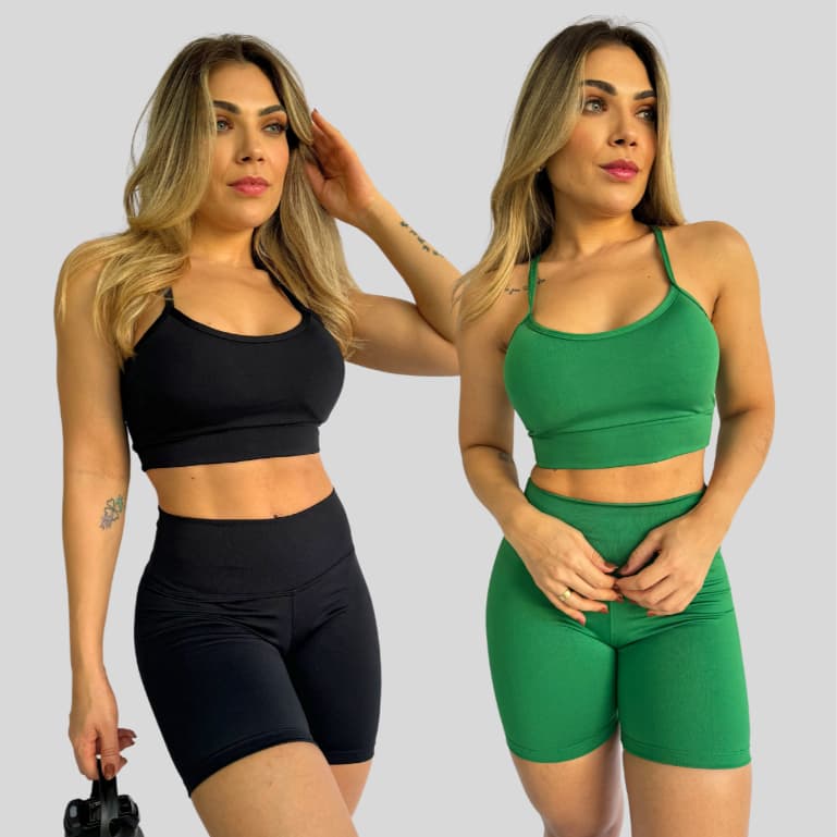 Kit 2 Conjuntos Alcinha Top e Short Suplex Costas Nadadora Fitness Academia Treino