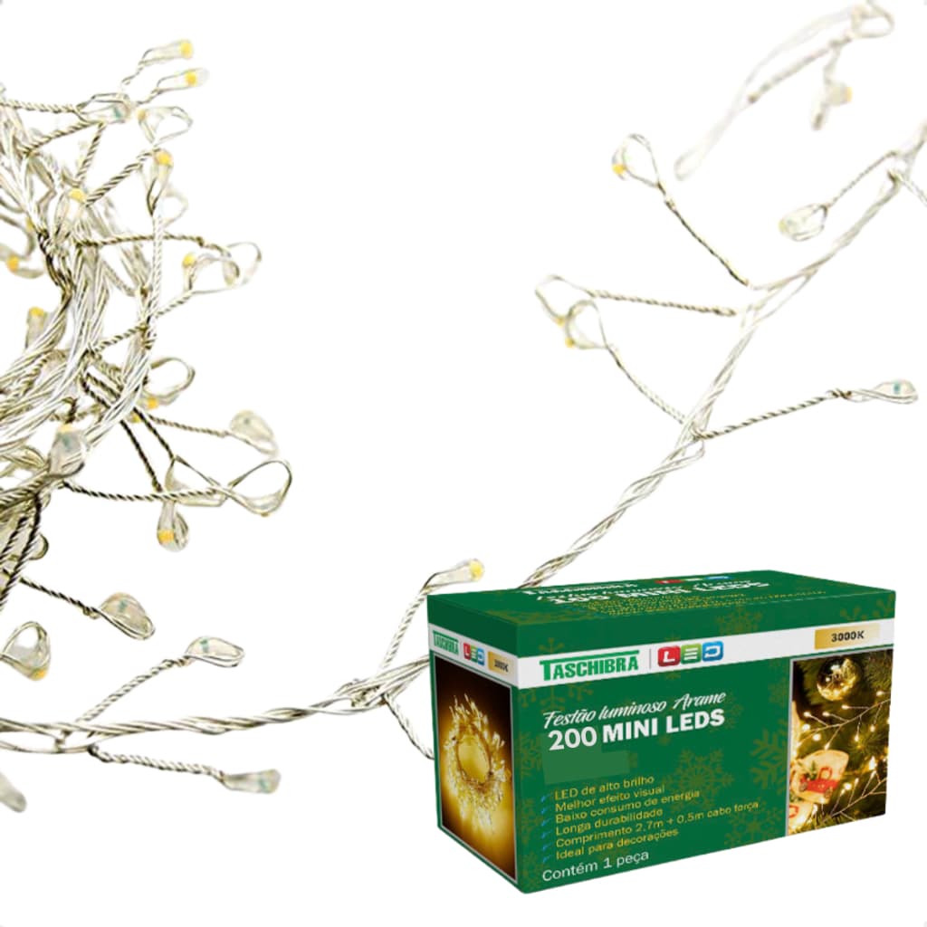 Fio de Luz Fada Cordão Led Festão 3000K 200 Leds Taschibra