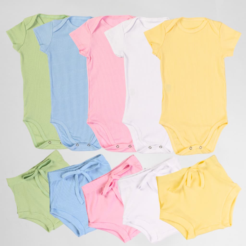 Kit 5 Body Bebê e Short Tapa Fralda Canelado Manga Curta 100% algodão 01k5c1