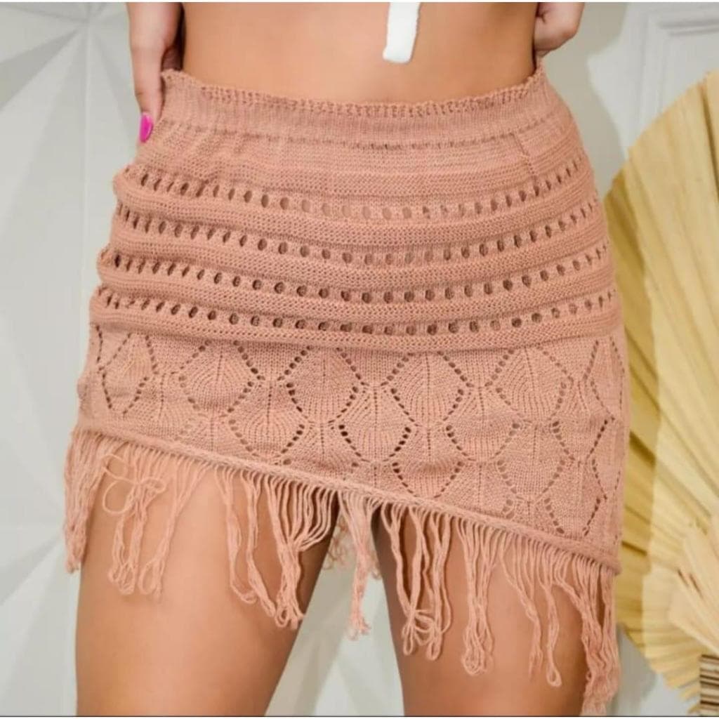 Saia Feminina Saída de Praia Tricot com Franjas Crochê Moda Praia Verão | Use&use Tricot