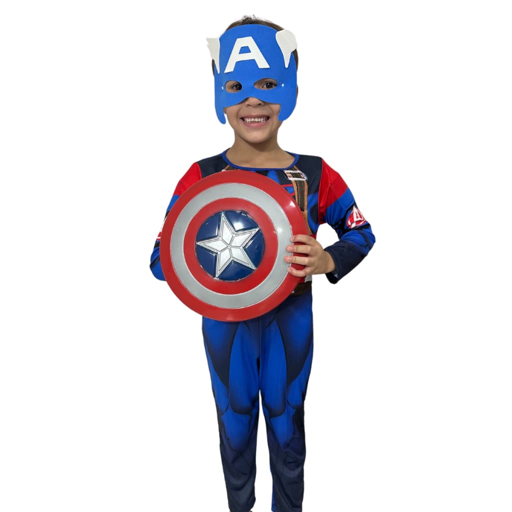 Fantasia Do Capitão América Infantil Longa Com Enchimento Escudo E Mascara E.V.A