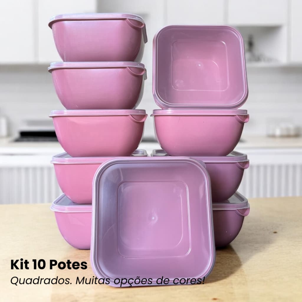 Kit com 10 Potes Caixa Organizadora Quadrado 1 Litro Utilidade Doméstica Marmita Vasilha Colorido