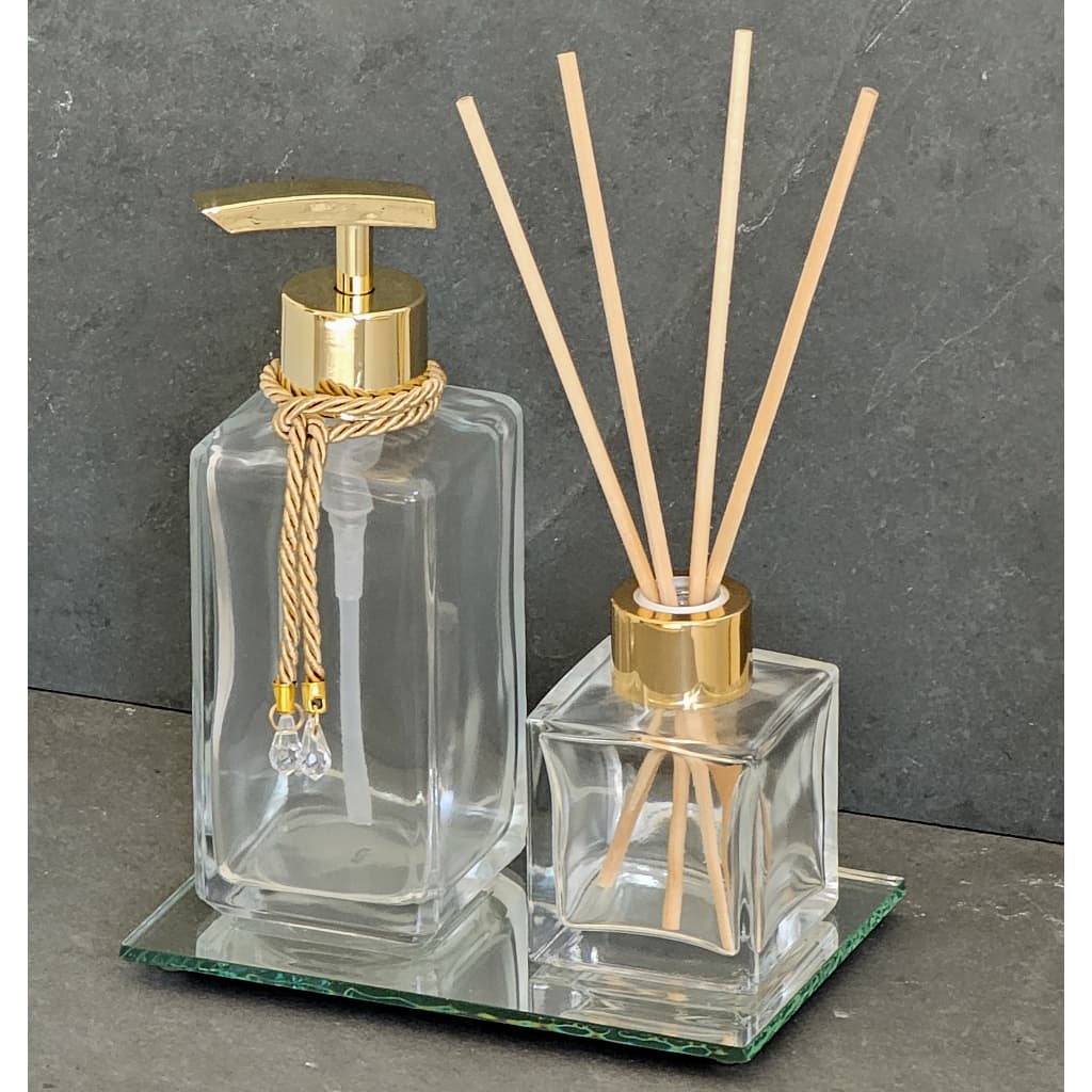 Kit Banheiro Aromatizador Vidro Porta Sabonete Liquido Bandeja