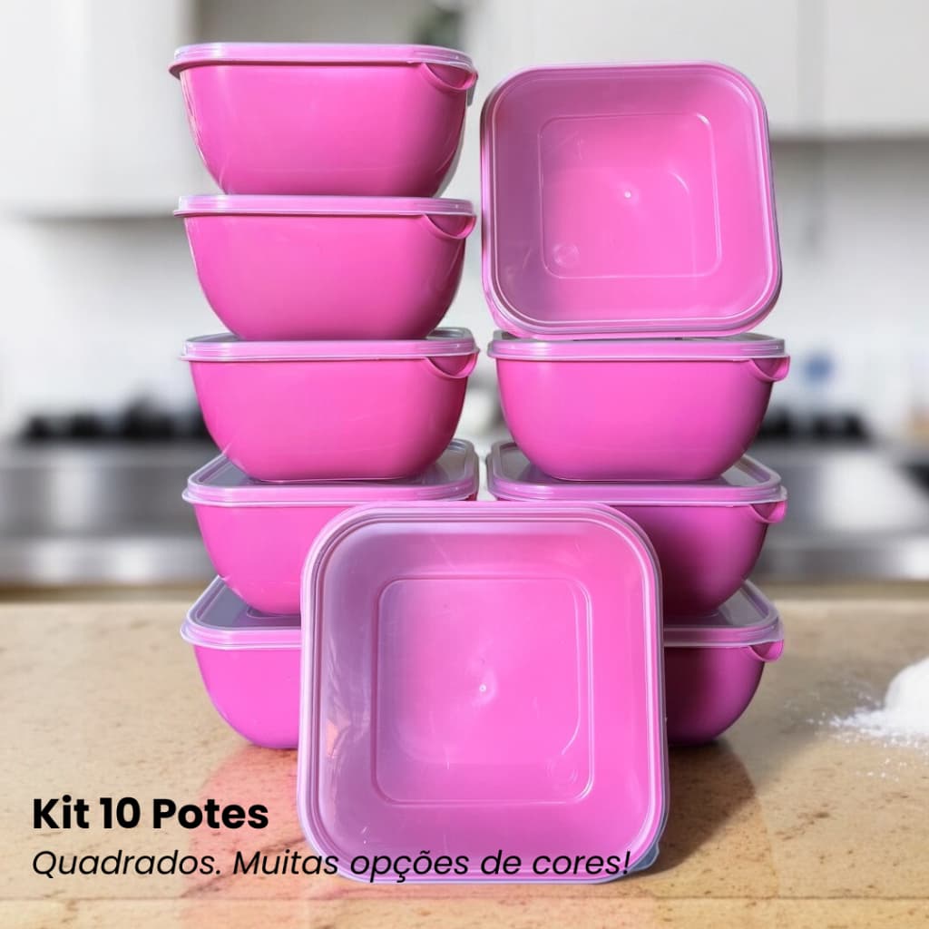 Kit com 10 Potes Caixa Organizadora Quadrado 1 Litro Utilidade Doméstica Marmita Vasilha Colorido