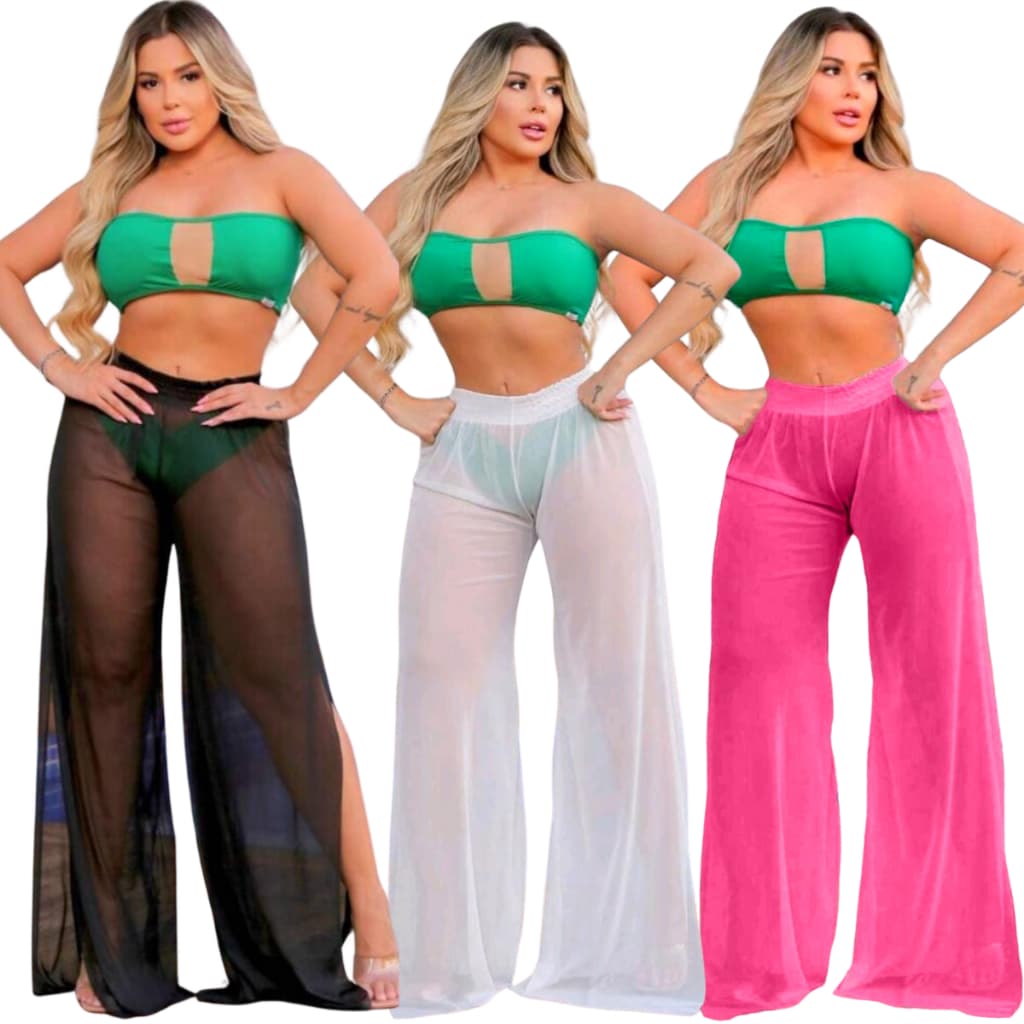 Saida de praia calça toda de tule lisa