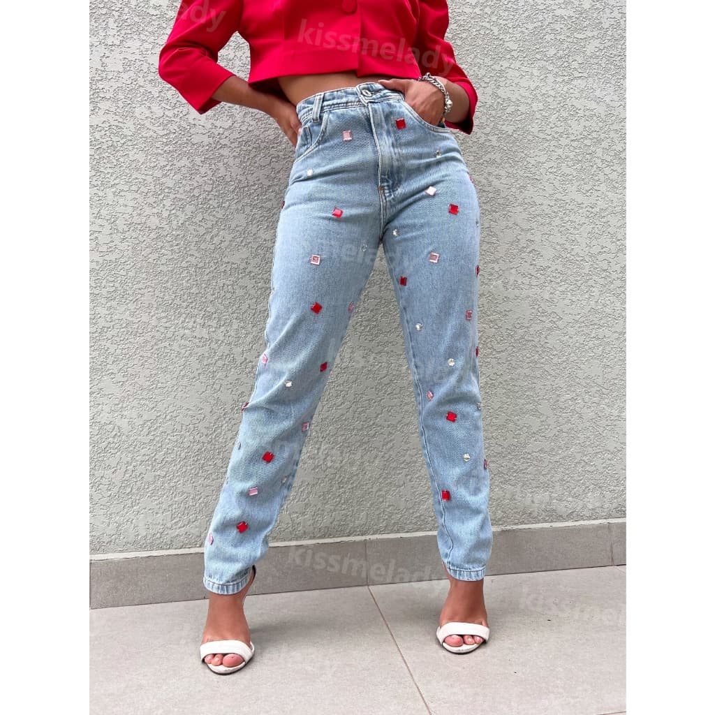Anaoffice  8315 Calça Jeans Feminina  Mom Calca  sem rascada com brilho Calça jeans calca mom P 38 m40 G 42
