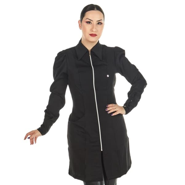 Jaleco Feminino Acinturado Zíper Manga Longa Preto