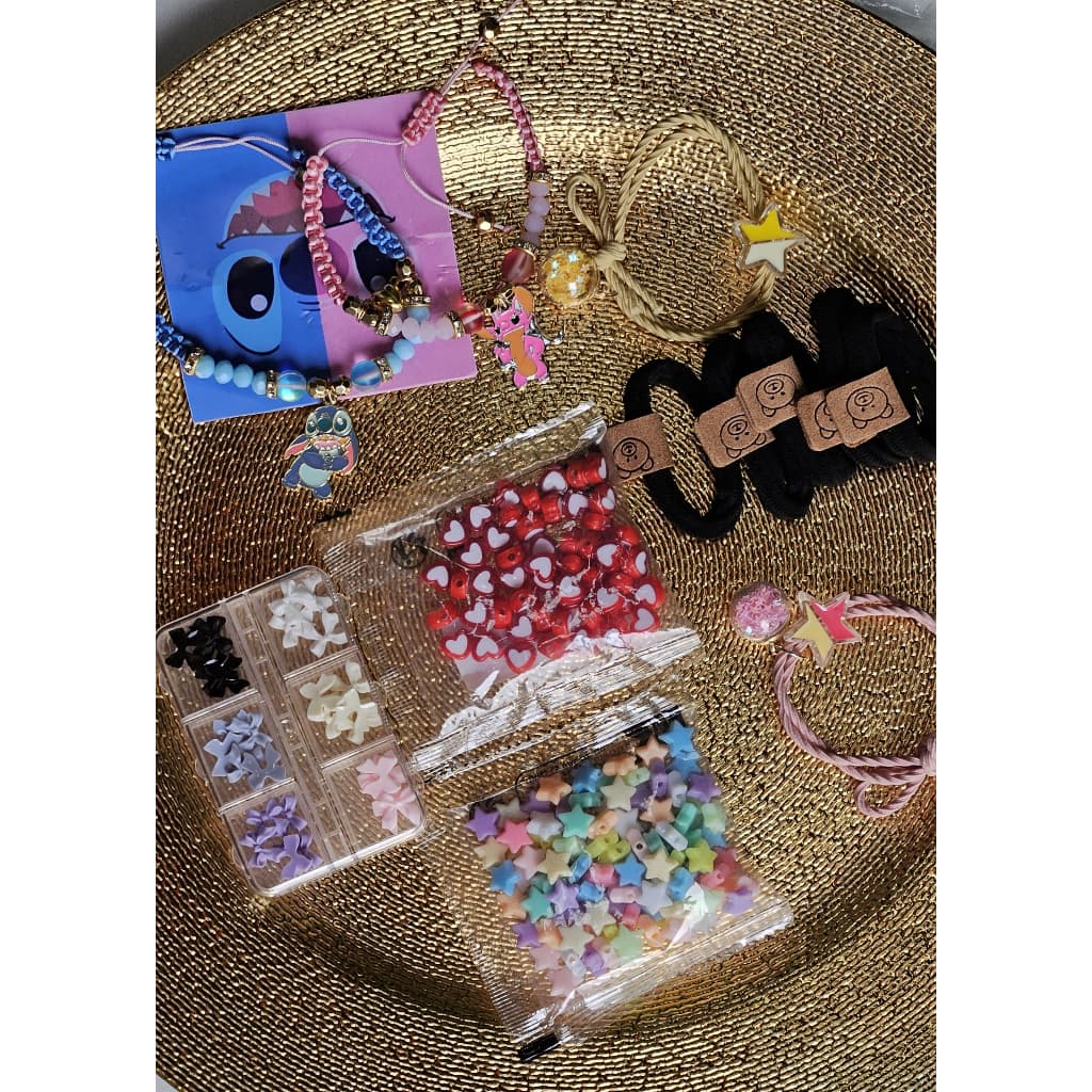 kit de miçanga coração, miçanga colorida estrela, pulseira rosa estrela, Pulseira estrela amarela, elástico urso