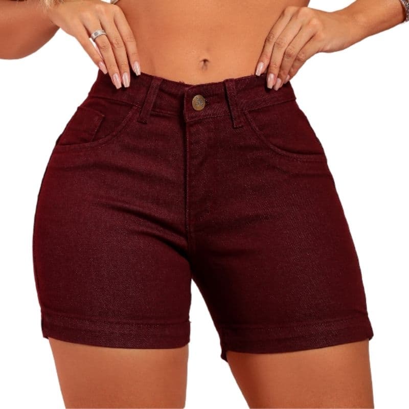 Short Meia Coxa Jeans Elastano Cintura Alta Versátil Vinho
