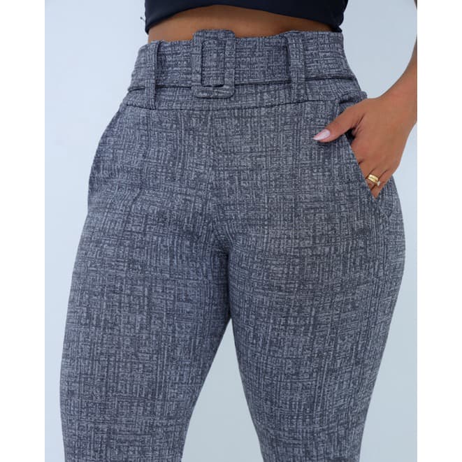 Calça Flare Social Bailarina Jacquard linho com cinto fixo com bastante elastano cintura alta
