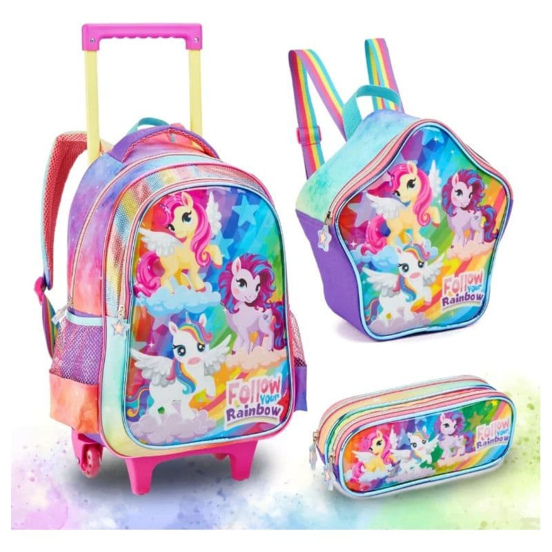 Kit Mochila Infantil Carrinho Rodinhas + Lancheira + Estojo/ MOCHILA PARA MENINA/ MOCHILA UNICÓRNIO MOCHILA DENLEX